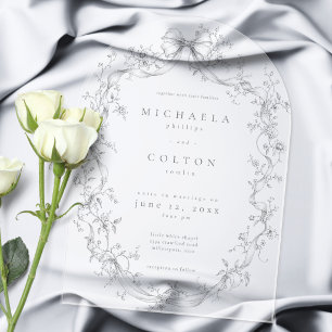 Classic Vintage Grey Black Floral Wreath Wedding Acrylic Invitations