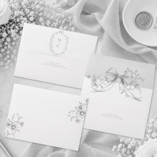 Classic Vintage Grey Black Floral Wreath Wedding Envelope