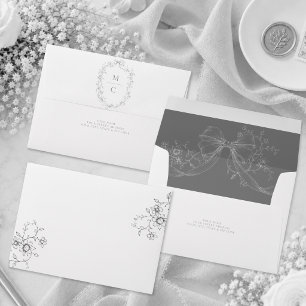 Classic Vintage Grey Black Floral Wreath Wedding Envelope