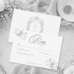 Classic Vintage Grey Black Floral Wreath Wedding RSVP Card