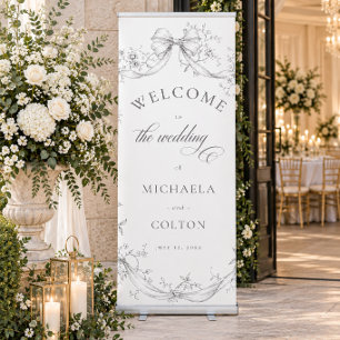 Classic Vintage Grey Floral Wreath Wedding Welcome Retractable Banner