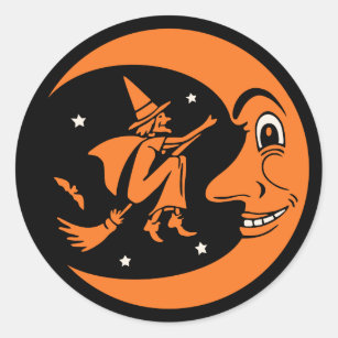 Classic Vintage Halloween Moon and Witch Classic Round Sticker