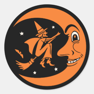 Classic Vintage Halloween Moon and Witch Classic Round Sticker