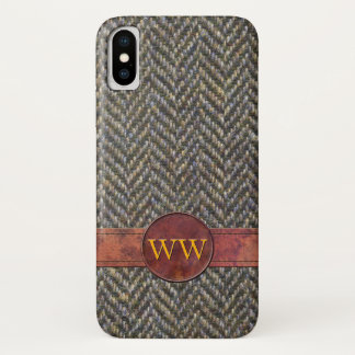 Classic Vintage Herringbone Tweed Leather Monogram iPhone X Case