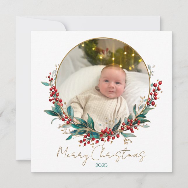Classic Vintage Holly Family Photo Christmas Card (Front)