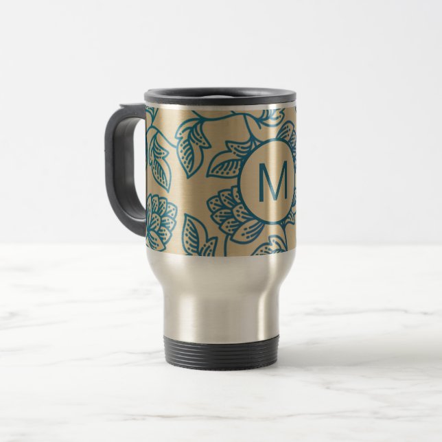 Classic Vintage Hop Leaves Pattern Monogram Travel Mug (Front Left)