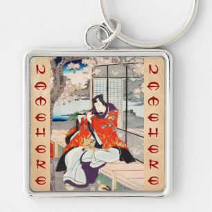 Classic vintage japanese ukiyo-e flute player art key ring