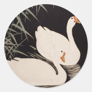 Classic vintage japanese ukiyo-e white swan pond round sticker