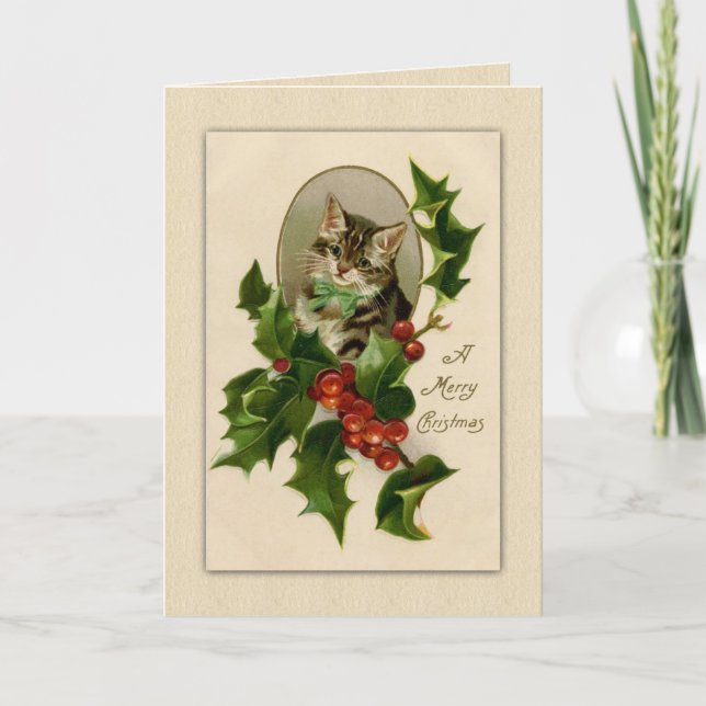 Classic Vintage Kitty and Holly  Christmas Holiday Card (Front)