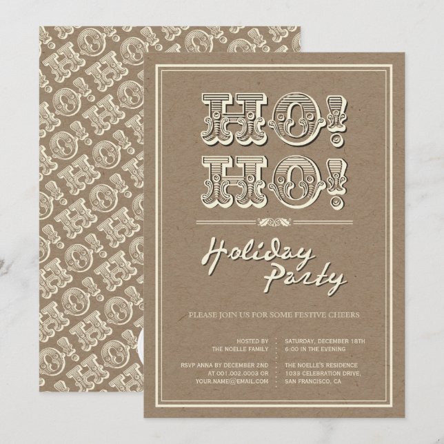 Classic Vintage Kraft HO! HO! Holiday Party Invite (Front/Back)