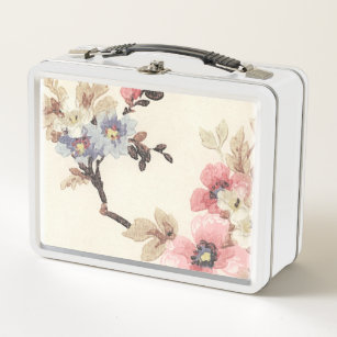 Classic Vintage Light Pink & Blue Floral Design Metal Lunch Box