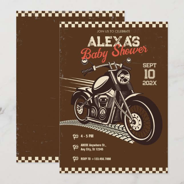 Classic vintage motorcyle baby shower invitation (Front/Back)