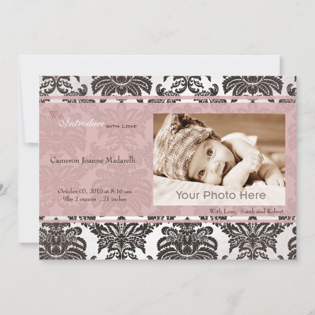 Classic vintage pink black birth announcement (Front)