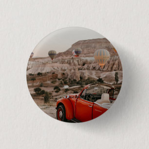 Classic Vintage Red Car Watching Hot Air Balloons  3 Cm Round Badge