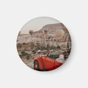 Classic Vintage Red Car Watching Hot Air Balloons  Magnet