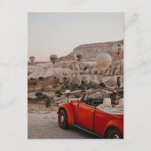 Classic Vintage Red Car Watching Hot Air Balloons  Postcard