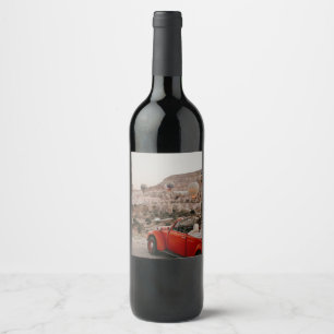 Classic Vintage Red Car Watching Hot Air Balloons Wine Label