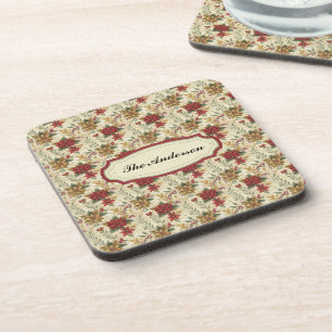 Classic Vintage Red & Gold Poinsettia Floral Coaster