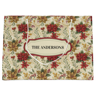Classic Vintage Red & Gold Poinsettia Floral Large Gift Bag