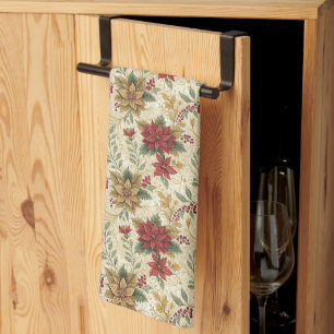 Classic Vintage Red & Gold Poinsettia Floral  Tea Towel