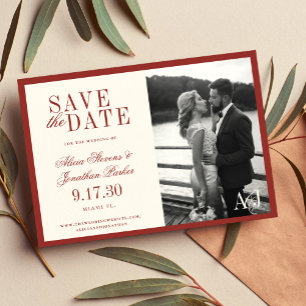 Classic vintage red ivory photo wedding  save the date