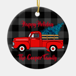 Classic vintage red pickup truck grey plaid ceramic tree decoration