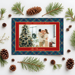 Classic Vintage Red Plaid Crest Photo Christmas Holiday Card