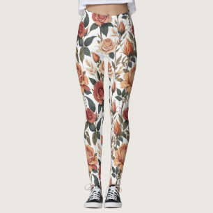 Classic Vintage Red Rose Botanical Garden Leggings