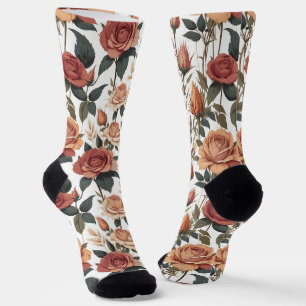 Classic Vintage Red Rose Botanical Garden Socks