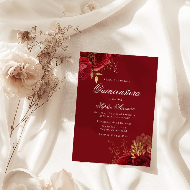 Classic Vintage Red Rose & Gold Quinceanera Invitation (Creator Uploaded)