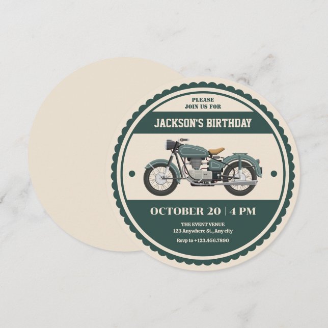 Classic vintage retro green motorcycle birthday invitation (Front/Back)