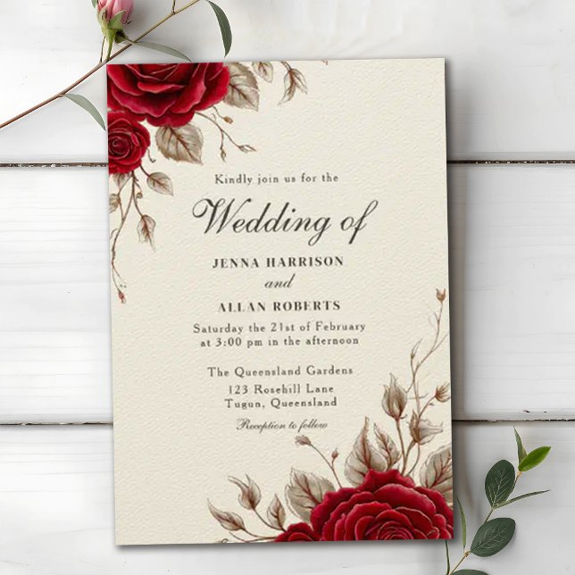 Classic Vintage Romantic Red Roses Wedding Invitation (Creator Uploaded)