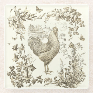 Classic Vintage Rooster Beige Floral Toile Glass Coaster