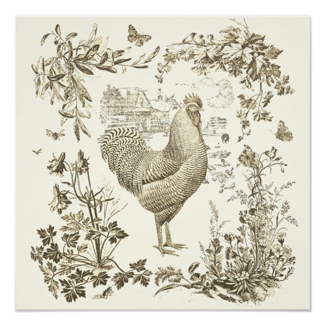 Classic Vintage Rooster Beige Floral Toile  Poster (Front)