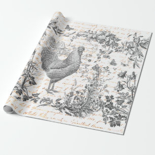Classic Vintage Rooster Grey Floral Script Wrapping Paper