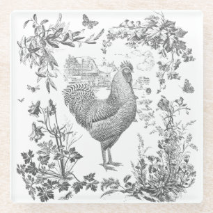 Classic Vintage Rooster Grey Floral Toile Glass Coaster