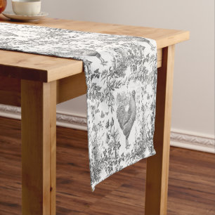 Classic Vintage Rooster Grey Floral Toile Short Table Runner