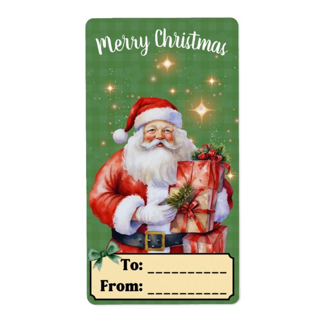 Classic Vintage Santa Clause Gift Tag Green + Gold (Front)