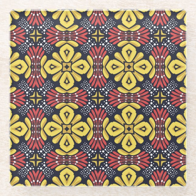 Classic Vintage: Seamless Flower Pattern Glass Coaster (Front)