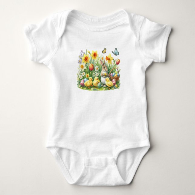 Classic/Vintage spring rabbit/chicken Baby Bodysuit (Front)