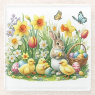 Classic/Vintage spring rabbit/chicken Glass Coaster
