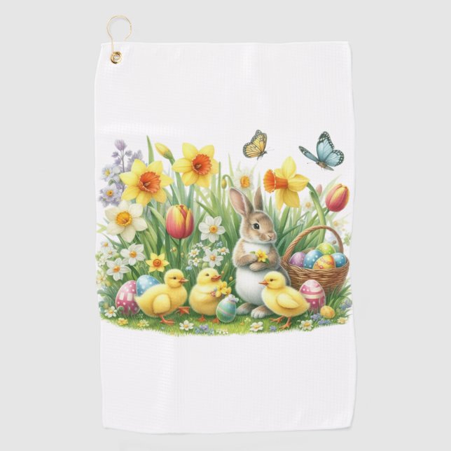 Classic/Vintage spring rabbit/chicken Golf Towel (Front)