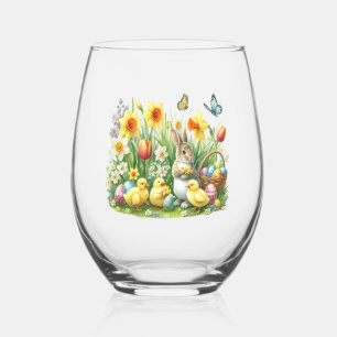 Classic/Vintage spring rabbit/chicken Stemless Wine Glass