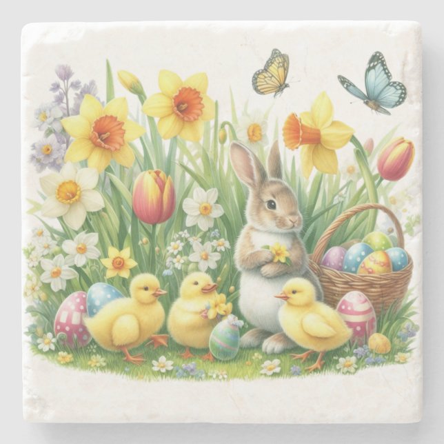 Classic/Vintage spring rabbit/chicken Stone Coaster (Front)