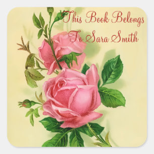 Classic Vintage Style Pink Roses Bookplate/Sticker Square Sticker