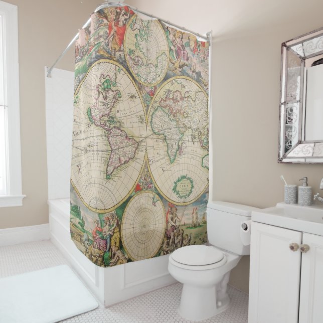 Classic Vintage Travel World Map Shower Curtain (In Situ)