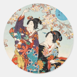 Classic vintage ukiyo-e two geishas Utagawa art Classic Round Sticker