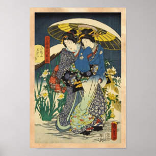 Classic vintage ukiyo-e two geishas with umbrella poster