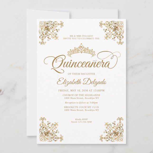 Classic Vintage White Gold Frame Tiara Quinceanera Invitation (Front)