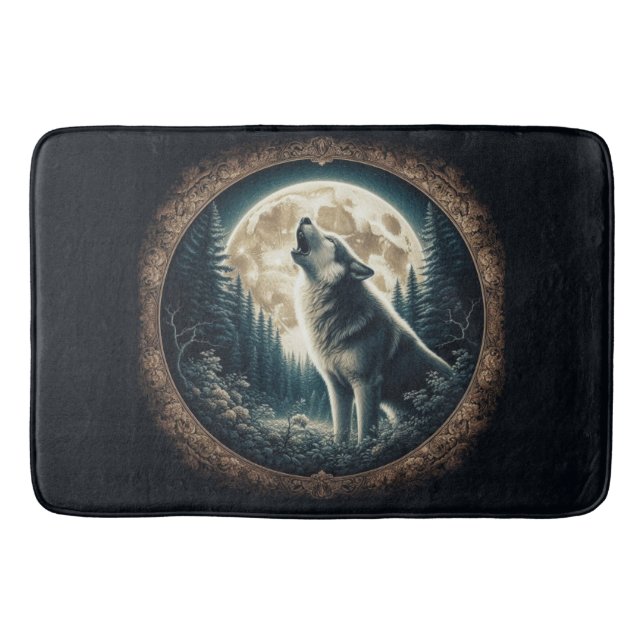 Classic, vintage wolf & moon  bath mat (Front)